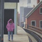 painting of person on train platform