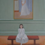painting of girl in white dress seated before painting of woman in white